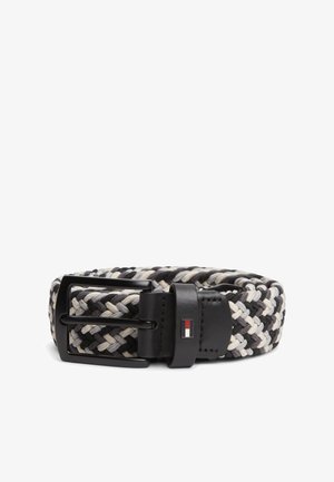 Braided black, gray, and white belt with black buckle and leather loop featuring a small rectangular red, white, and black flag emblem.