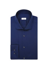 Navyblauwe overhemden van zachte stof, met een klassieke kraag, knoopsluiting aan de voorkant en manchetten met een enkele knoop en donkere knopen.