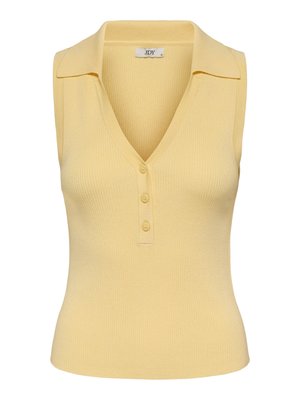 Geel geribd mouwloos gebreid topje met een kraag en drie knopen aan de voorkant, maat medium, label met "JDY."