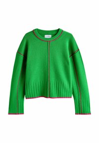 Vihreä neulottu villapaita, jossa on lyhyt mitta, resorireuna ja vastaväriset vaaleanpunaiset saumat kaula-aukossa ja hihoissa. Pehmeä rakenne.