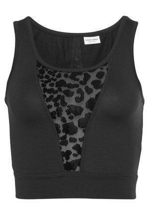 Black sports bra made of stretchy fabric, featuring a leopard print mesh panel at the front, and a classic sleeveless design.