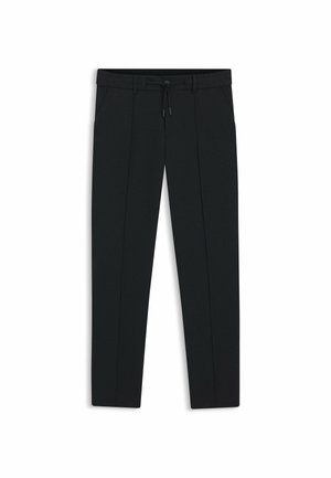 Pantaloni neri realizzati in un tessuto morbido, dotati di vita con coulisse, due tasche laterali e design a gamba affusolata con pieghe anteriori.