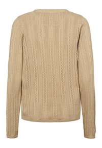 Béžový dlhý pletený sveter s dlhými rukávmi, zdobený vertikálnymi otvorenými diamantovými a pruhovanými vzormi, s rebrovaným lemom a manžetami, zobrazený zozadu.