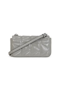 Borsa a tracolla grigia trapuntata con finitura lucida, caratterizzata da un motivo diagonale, chiusura con zip e tracolla regolabile.