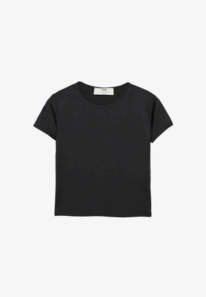 T-shirt noir à manche courte en coton doux, avec un col rond et une coupe décontractée. Aucun motif ni accent visible.