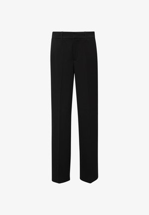 Pantalon noir à jambes droites avec passants de ceinture et devant plat, conçu pour un usage formel ou de bureau.