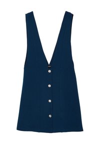 Haut sans manches bleu marine avec un décolleté en V profond, comportant une rangée de boutons en argent sur le devant et un tissu lisse et texturé.