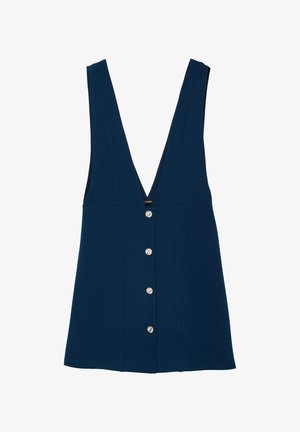 Marineblaue ärmellose Bluse mit tiefem V-Ausschnitt, versehen mit einer Reihe silberner Knöpfe auf der Vorderseite und einem glatten, strukturierten Stoff.