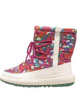 Botín de invierno colorido con un empeine textil rosa y naranja, suela de goma blanca y suela con tracción verde. Cuenta con cordones ajustables.