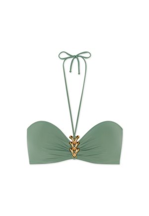 Green bandeau bikini top with a knotted tie at the neck and gold decorative hardware at the center, featuring gathered fabric texture.