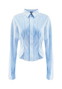 Hellblau gestreiftes Hemd mit Knöpfen, Kragen, langen Ärmeln und cropped Design. Es hat vertikale weiße Streifen und eine glatte Textur.