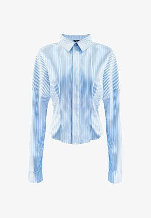 Hellblau gestreiftes Hemd mit Knöpfen, Kragen, langen Ärmeln und cropped Design. Es hat vertikale weiße Streifen und eine glatte Textur.