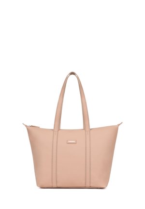 Lichte roze tote bag gemaakt van een soepele stof, met twee lange handvatten, een ritsluiting en verticale stiksels.