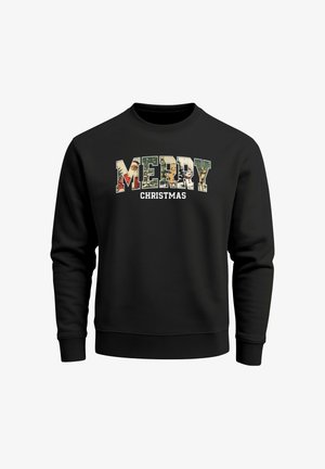 Schwarzer Sweatshirt mit dem Schriftzug "FROHE WEIHNACHTEN" in mehrfarbigen Buchstaben mit weihnachtlichen Mustern. Gerippte Bündchen und Ausschnitt.