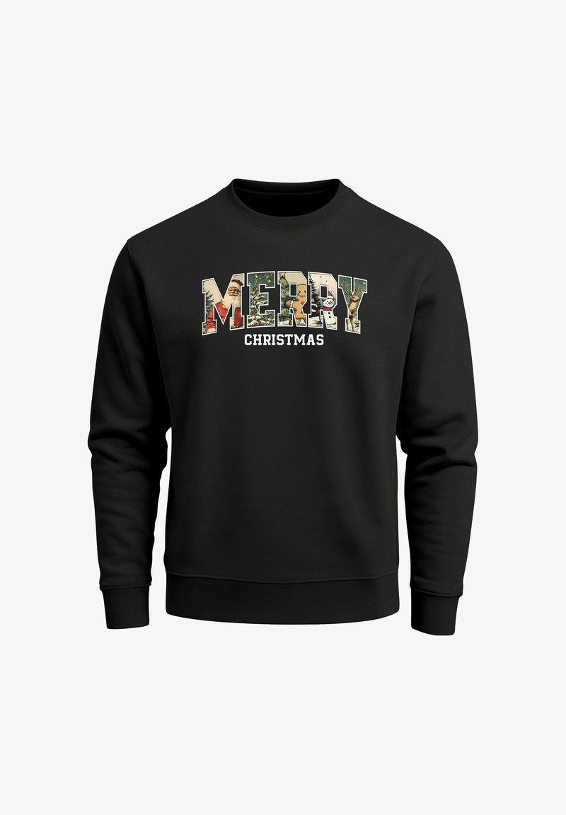 Black sweatshirt with "MERRY CHRISTMAS" in multicolored lettering featuring Christmas-themed patterns. Ribbed cuffs and neckline.