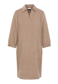 Robe en velours côtelé marron avec des manches longues, un col et une demi-patte. Elle présente une coupe décontractée et un tissu texturé.