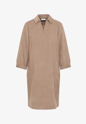 Ruskea corduroy-mekko, jossa on pitkät hihat, kauluksellinen pääntie ja osittainen nappilista. Mekossa on rento istuvuus ja teksturoitu kangas.