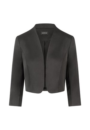 Blazer nero corto con finitura liscia, colletto a scialle, maniche lunghe e design aperto, adatto per essere indossato a strati.