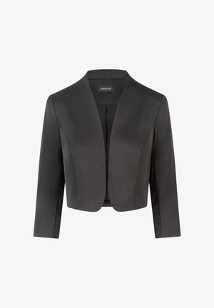 Blazer negro corto con un acabado suave, cuello chal, mangas largas y diseño de frente abierto, adecuado para superponer.