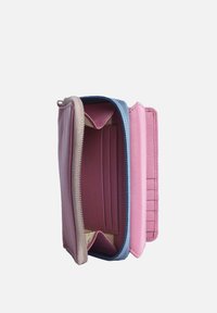 Compact wallet featuring purple, pink, and blue faux leather, zippered closure, multiple card slots, and a smooth texture.