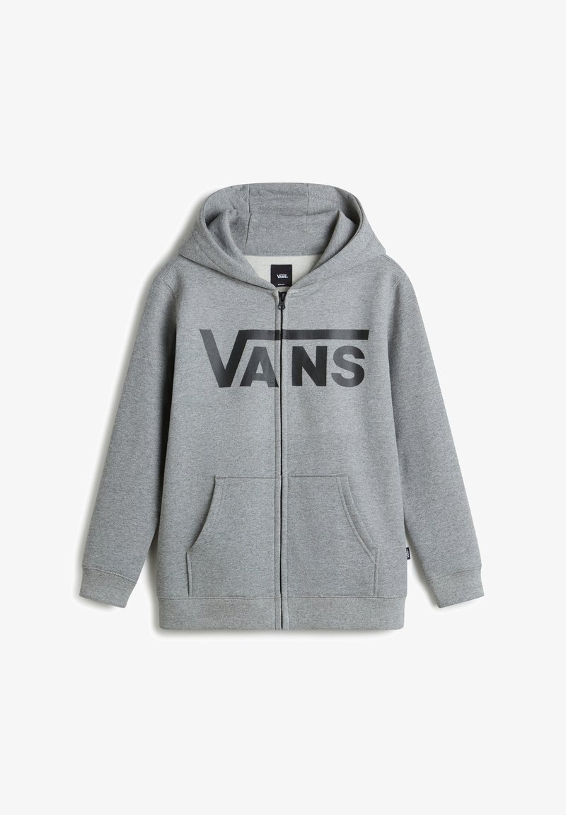Grå zip hoodie i mjukt material med en stor svart "VANS"-logotyp över bröstet, två framfickor och huva.