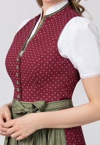 Burgundy dress with floral pattern, metal buttons, and green patterned waist tie. White blouse with lace trim at sleeves.
