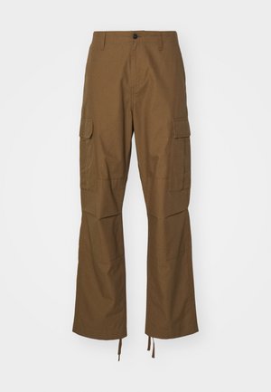 Brown cargo pants made of textured fabric, featuring a straight-leg design, side pockets, and adjustable hem ties.