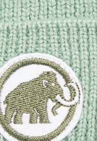 Gros plan d'un tissu tricoté vert avec un écusson circulaire présentant une silhouette de mammouth cousue en fils vert olive et blanc.