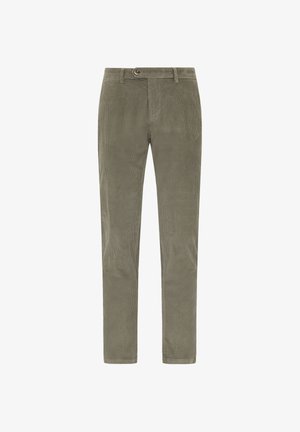 Olive green corduroy trousers with a flat front, straight leg design, and a metal button closure at the waist. Textured fabric with vertical ribs.