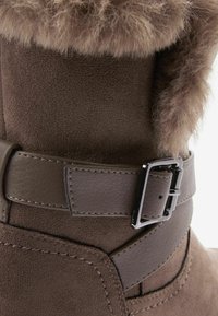 Braune Wildlederstiefel mit einem Futter aus Kunstfell, ausgestattet mit einem glatten Lederband und einem silbernen Schnallenakzent. Texturierte Oberfläche mit gestickten Details.
