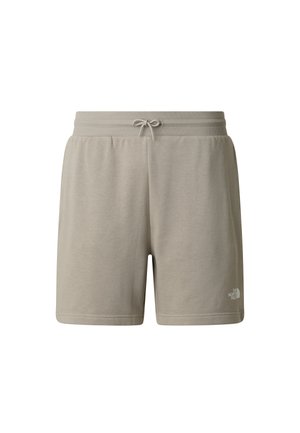 Lysegrå shorts lavet af blødt stof med elastisk linning, justerbar snøre og et lille logo på det nederste højre ben.