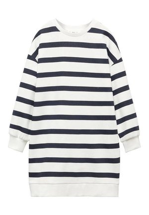 Langærmet hvid sweatshirtkjole med sorte vandrette striber og ribstrikkede manchetter og kant, rund halsudskæring, løs pasform.