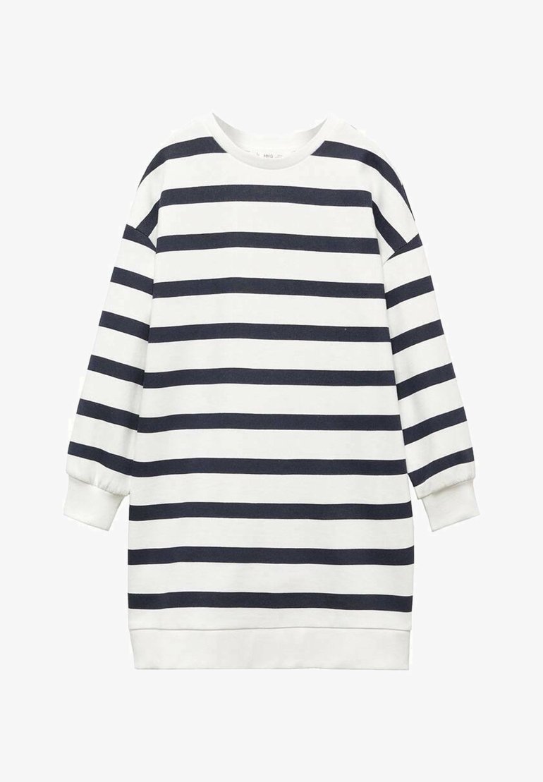 Robe sweat-shirt blanche à manches longues avec rayures horizontales noires, poignets et ourlet côtelés, encolure ronde, coupe ample.