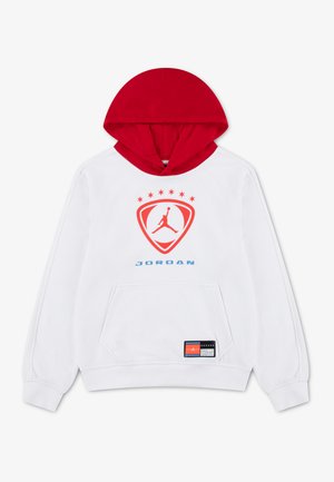 Sweat à capuche blanc avec capuche rouge, logo Jordan et étoiles sur la poitrine, texte bleu « "Jordan" », poche frontale et petit patch logo près de l'ourlet.