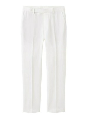 Pantalones blancos de pierna recta con presillas para cinturón, botón frontal, cierre de cremallera y bolsillos laterales sobre un fondo liso.