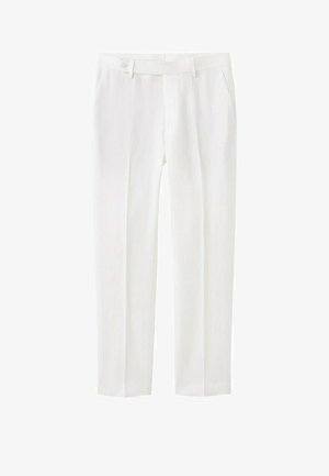 Pantalones blancos de pierna recta con presillas para cinturón, botón frontal, cierre de cremallera y bolsillos laterales sobre un fondo liso.