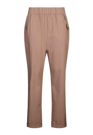 Pantaloni marrone chiaro a gamba affusolata con vita elasticizzata, tasche laterali con patte con bottoni e orli risvoltati.