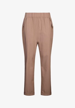 Pantaloni marrone chiaro a gamba affusolata con vita elasticizzata, tasche laterali con patte con bottoni e orli risvoltati.