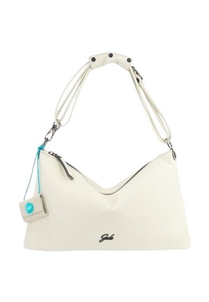 Borsa a tracolla in pelle bianca con chiusura a zip, manico arrotondato con borchie nere e piccola targhetta attaccata con logo blu.