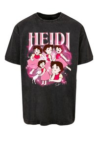 Black cotton t-shirt featuring a graphic print of animated characters in pink dresses, with the text "HEIDI" in bold pink letters.
