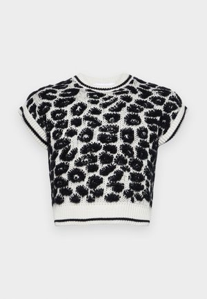 Cropped knit sweater featuring a black and white leopard print pattern, with short sleeves and ribbed trim at the collar and hem.