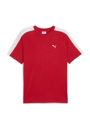 Red short-sleeve t-shirt in cotton blend with white raglan sleeves. Features a small white Puma logo on the left chest. Standard fit.