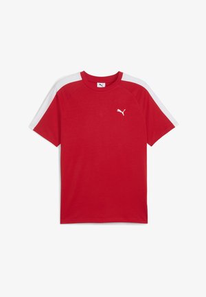 Red short-sleeve t-shirt in cotton blend with white raglan sleeves. Features a small white Puma logo on the left chest. Standard fit.