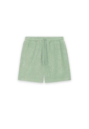 Shorts en éponge vert clair avec taille élastique, cordon de serrage et poches latérales, posés à plat sur fond blanc.