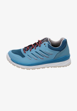 Blue athletic shoe with mesh and synthetic upper, red laces, grey accents, and a white sole. Features textured panels and streamlined design.