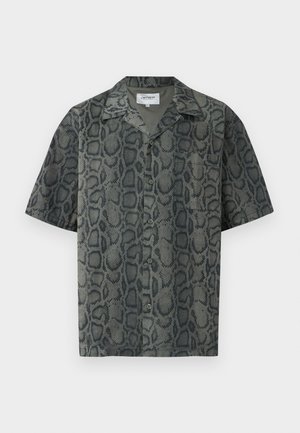 Camicia a maniche corte in tonalità grigie con motivo a pelle di serpente, realizzata in tessuto leggero, dotata di colletto e chiusura frontale con bottoni.