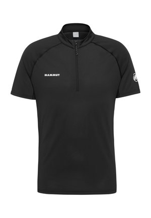 Schwarzes sportliches Kurzarmshirt mit Viertelreißverschluss, "Mammut"-Logo auf der Brust und Mammut-Emblem am linken Ärmel.