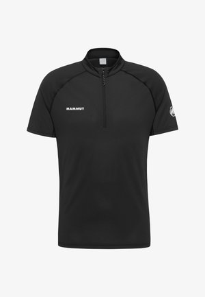 Schwarzes sportliches Kurzarmshirt mit Viertelreißverschluss, "Mammut"-Logo auf der Brust und Mammut-Emblem am linken Ärmel.