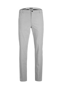 Pantaloni grigi intrecciati con una vestibilità dritta, dotati di chiusura frontale con bottone, passanti per cintura e una texture liscia.