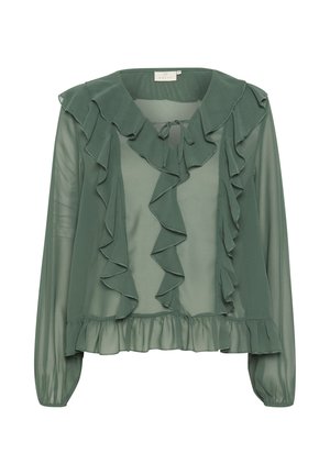 Grön transparent blus med volangkant framtill, framträdande krage och långa ärmar med volanger vid ärmsluten och nederkanten.